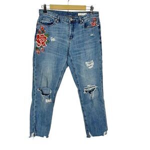 Blank NYC Crop Girlfriend Jeans Rose Embroidered Distressed Blue 27 Ripped y2k